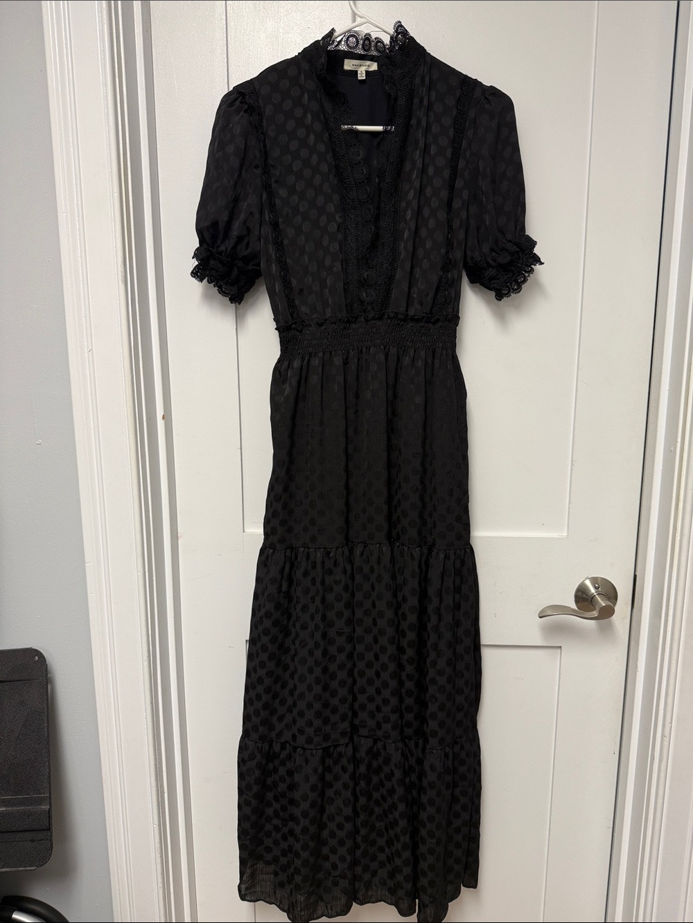 Max Studio Black Dot Maxi Dress with Smocked Waist